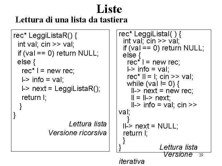 Liste Lettura di una lista da tastiera rec* Leggi. Lista. R() { int val;