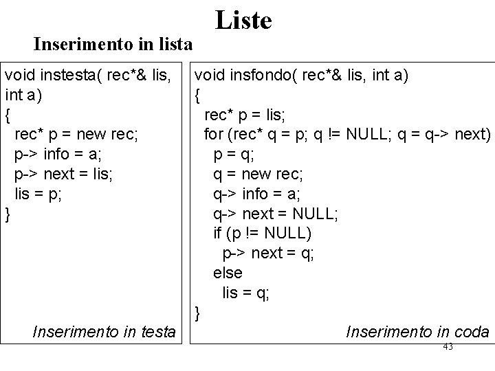 Inserimento in lista void instesta( rec*& lis, int a) { rec* p = new