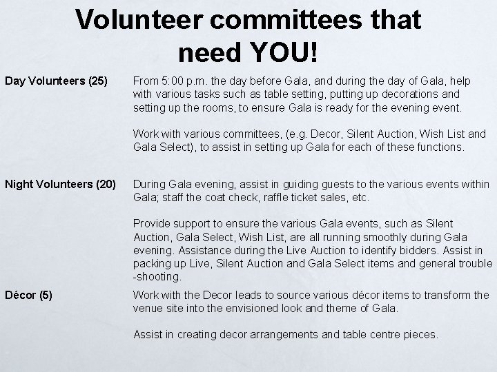 Volunteer committees that need YOU! Day Volunteers (25) From 5: 00 p. m. the