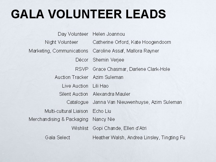 GALA VOLUNTEER LEADS Day Volunteer Helen Joannou Night Volunteer Catherine Orford, Kate Hoogendoorn Marketing,