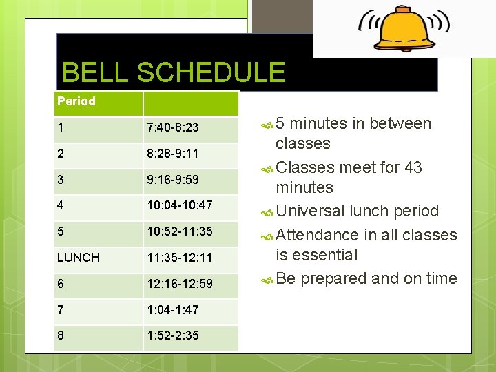 BELL SCHEDULE Period 1 7: 40 -8: 23 2 8: 28 -9: 11 3