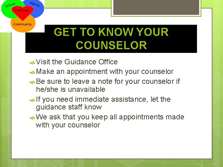 GET TO KNOW YOUR COUNSELOR Visit the Guidance Office Make an appointment with your