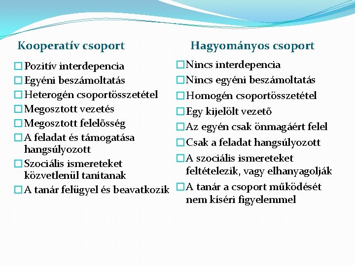 Kooperatív csoport �Pozitív interdepencia �Egyéni beszámoltatás �Heterogén csoportösszetétel �Megosztott vezetés �Megosztott felelősség �A feladat