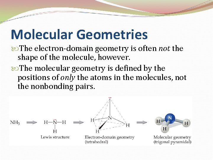 Molecular Geometries The electron-domain geometry is often not the shape of the molecule, however.