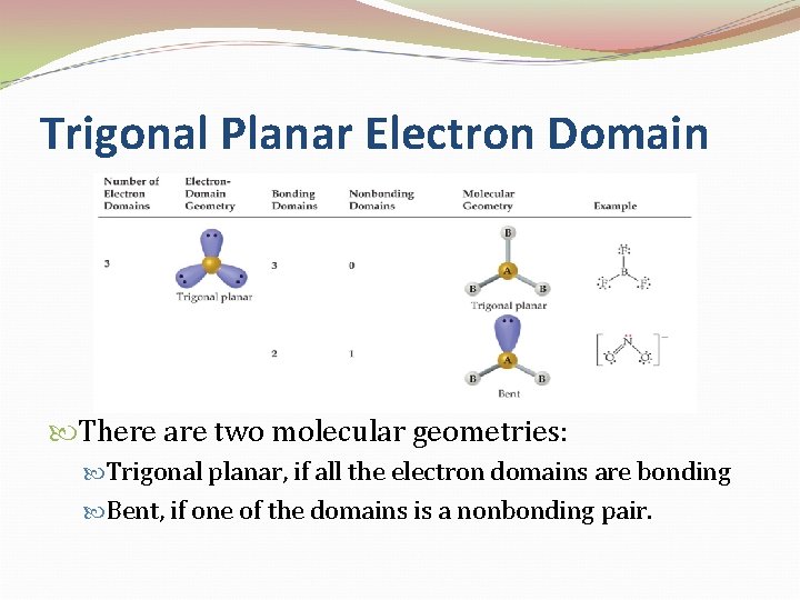 Trigonal Planar Electron Domain There are two molecular geometries: Trigonal planar, if all the