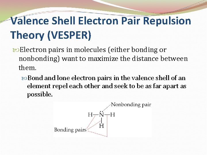 Valence Shell Electron Pair Repulsion Theory (VESPER) Electron pairs in molecules (either bonding or
