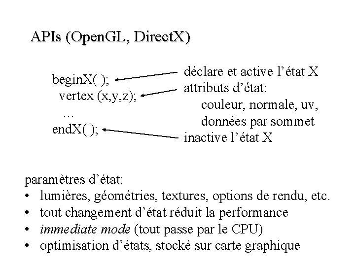 APIs (Open. GL, Direct. X) begin. X( ); vertex (x, y, z); … end.