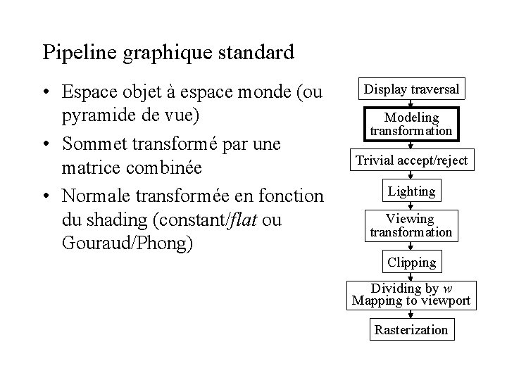 Pipeline graphique standard • Espace objet à espace monde (ou pyramide de vue) •