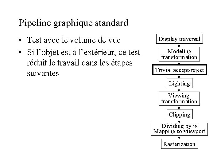 Pipeline graphique standard • Test avec le volume de vue • Si l’objet est