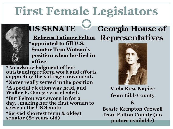 First Female Legislators US SENATE Rebecca Latimer Felton *appointed to fill U. S. Senator First Female Legislators US SENATE Rebecca Latimer Felton *appointed to fill U. S. Senator