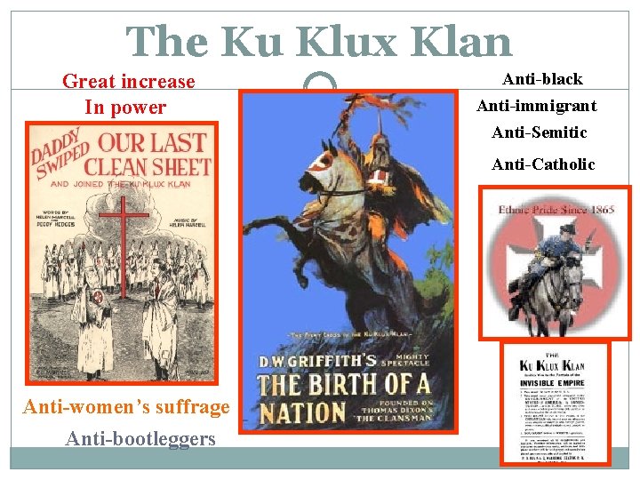 The Ku Klux Klan Great increase In power Anti-black Anti-immigrant Anti-Semitic Anti-Catholic Anti-women’s suffrage The Ku Klux Klan Great increase In power Anti-black Anti-immigrant Anti-Semitic Anti-Catholic Anti-women’s suffrage