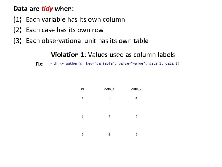 Data are tidy when: (1) Each variable has its own column (2) Each case