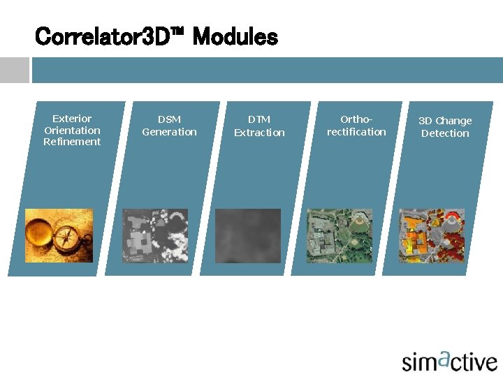 Correlator 3 D™ Modules Exterior Orientation Refinement DSM Generation DTM Extraction Orthorectification 3 D