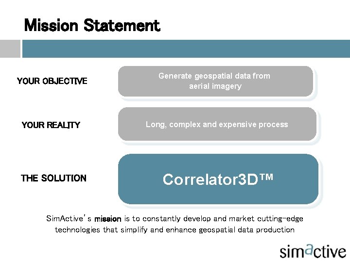 Mission Statement YOUR OBJECTIVE YOUR REALITY THE SOLUTION Generate geospatial data from aerial imagery