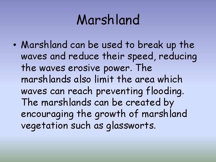 Marshland • Marshland can be used to break up the waves and reduce their