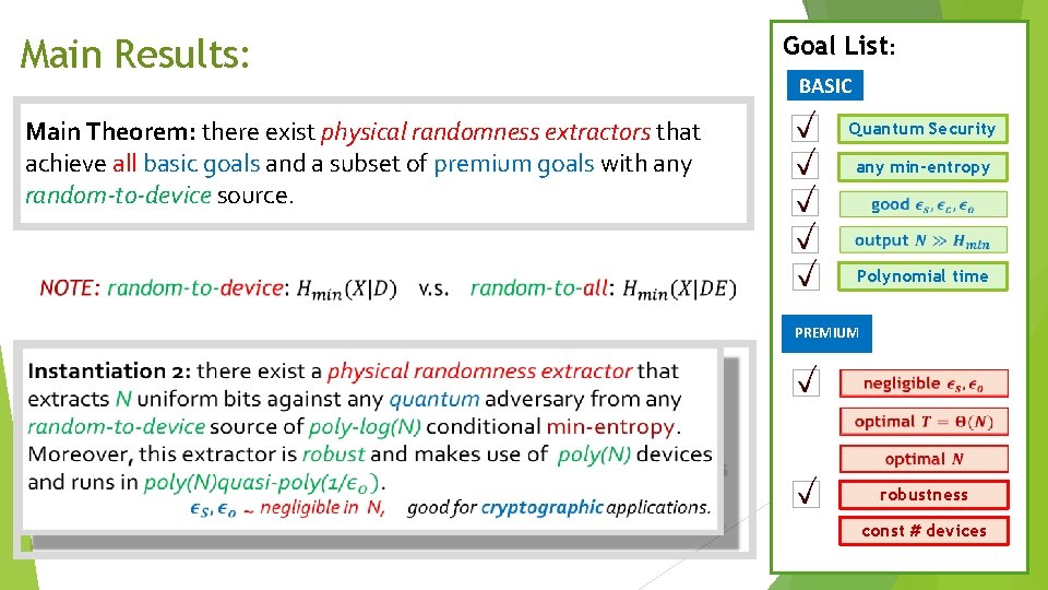 Main Results: Main Theorem: there exist physical randomness extractors that achieve all basic goals