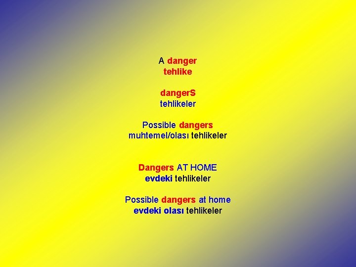 A danger tehlike danger. S tehlikeler Possible dangers muhtemel/olası tehlikeler Dangers AT HOME evdeki