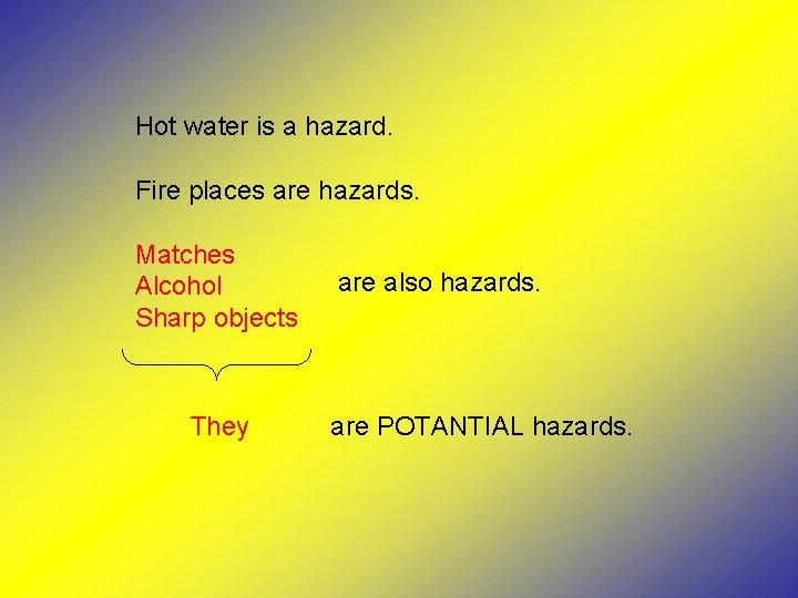 Hot water is a hazard. Fire places are hazards. Matches Alcohol Sharp objects They