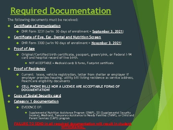 Required Documentation The following documents must be received: Certificate of Immunization DHR Form 3231