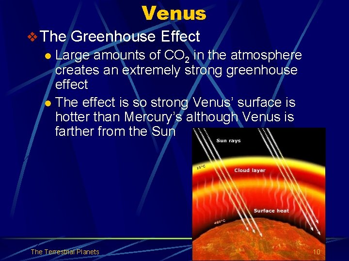 Venus v The Greenhouse Effect l Large amounts of CO 2 in the atmosphere