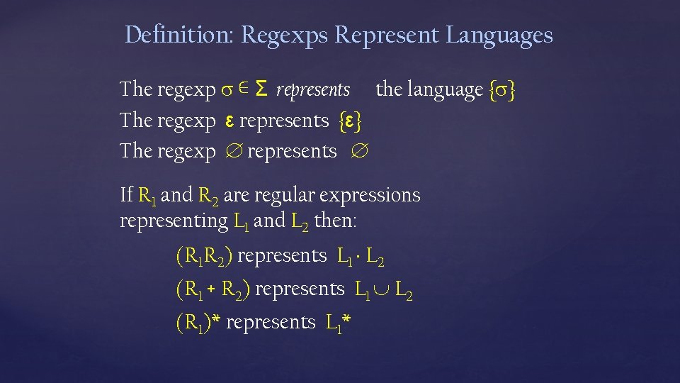 Definition: Regexps Represent Languages The regexp ∊ Σ represents the language { } The