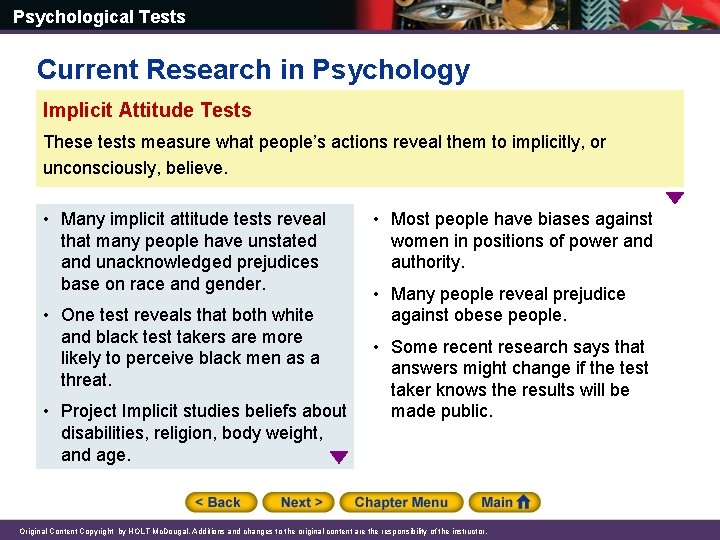 Psychological Tests Current Research in Psychology Implicit Attitude Tests These tests measure what people’s