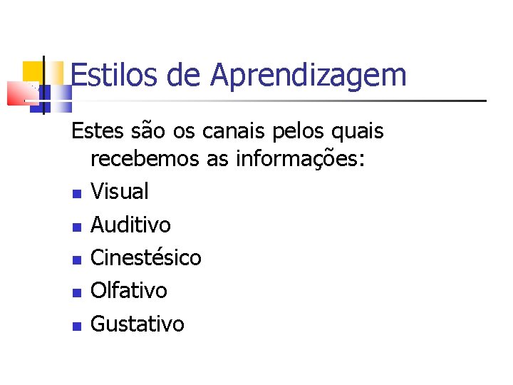 Estilos de Aprendizagem Estes são os canais pelos quais recebemos as informações: Visual Auditivo