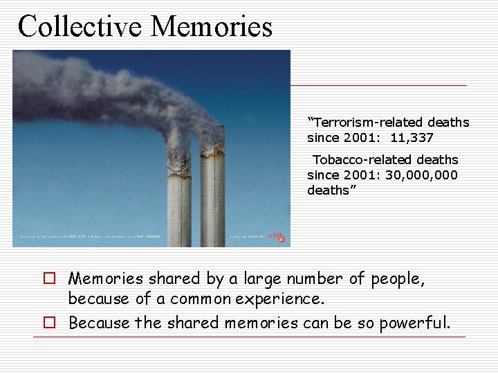 Collective Memories “Terrorism-related deaths since 2001: 11, 337 Tobacco-related deaths since 2001: 30, 000 Collective Memories “Terrorism-related deaths since 2001: 11, 337 Tobacco-related deaths since 2001: 30, 000