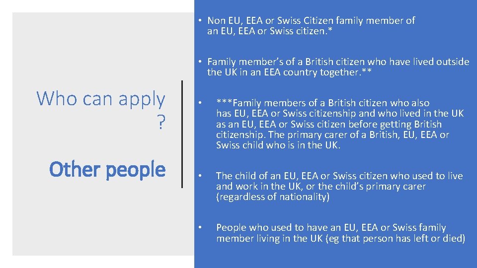  • Non EU, EEA or Swiss Citizen family member of an EU, EEA