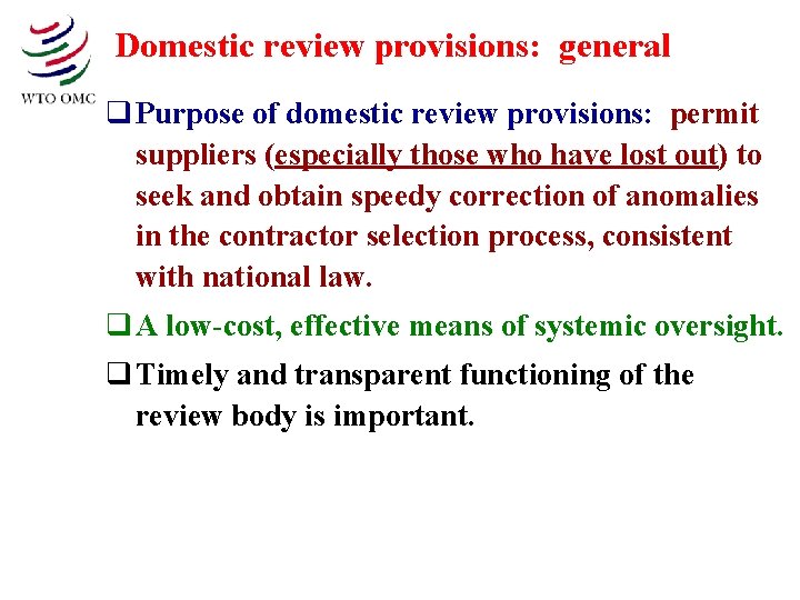 Domestic review provisions: general q Purpose of domestic review provisions: permit suppliers (especially those