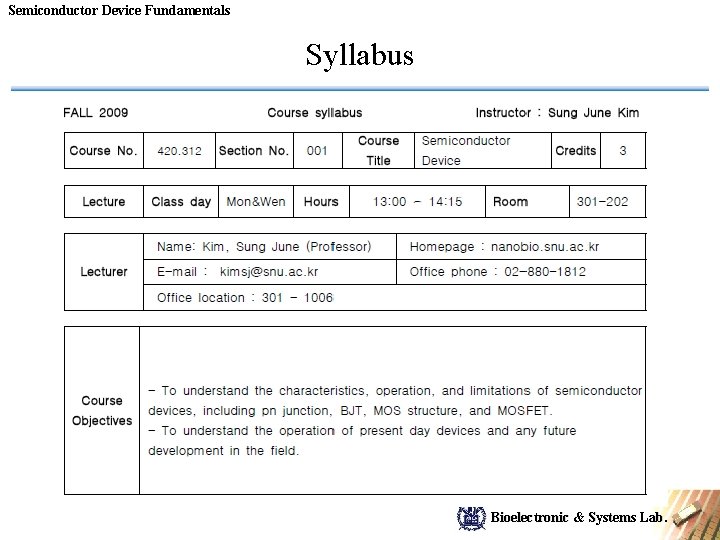 Semiconductor Device Fundamentals Syllabus Bioelectronic & Systems Lab. 