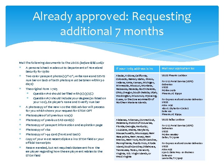 Already approved: Requesting additional 7 months Mail the following documents to the USCIS (before