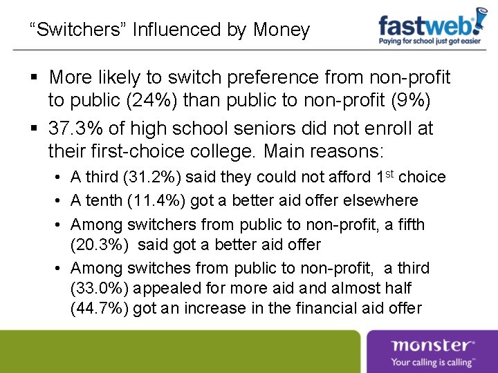 “Switchers” Influenced by Money § More likely to switch preference from non-profit to public “Switchers” Influenced by Money § More likely to switch preference from non-profit to public