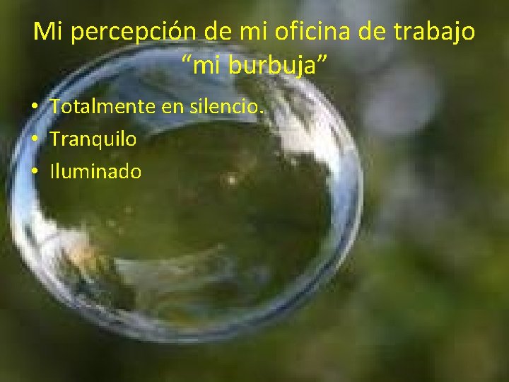 Mi percepción de mi oficina de trabajo “mi burbuja” • Totalmente en silencio. •