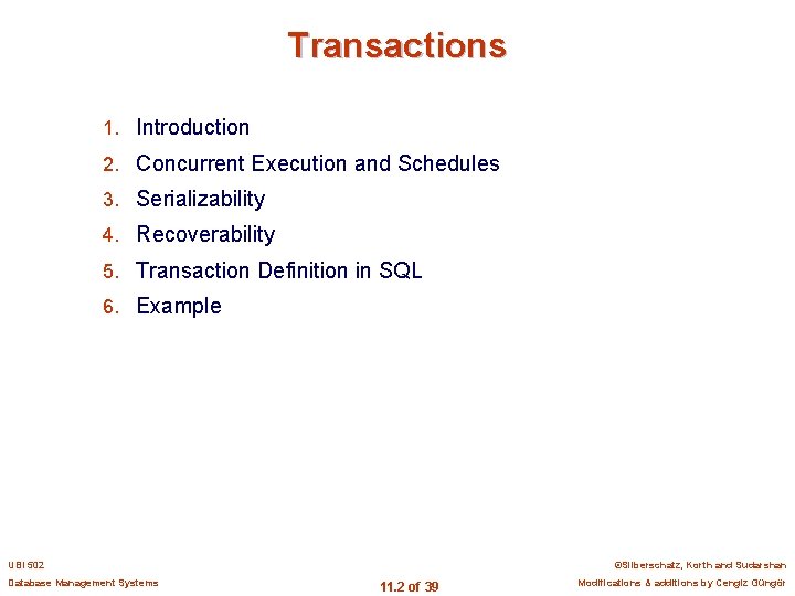 Transactions 1. Introduction 2. Concurrent Execution and Schedules 3. Serializability 4. Recoverability 5. Transaction