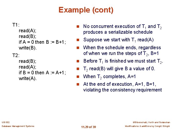 Example (cont) T 1: read(A); read(B); if A = 0 then B : =