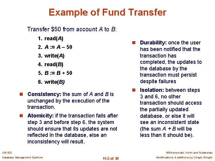 Example of Fund Transfer $50 from account A to B: 1. read(A) n Durability: