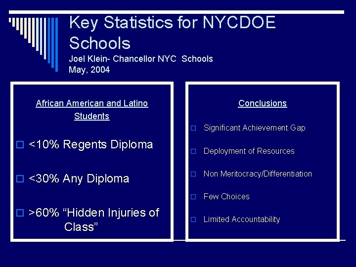 Key Statistics for NYCDOE Schools Joel Klein- Chancellor NYC Schools May, 2004 African American