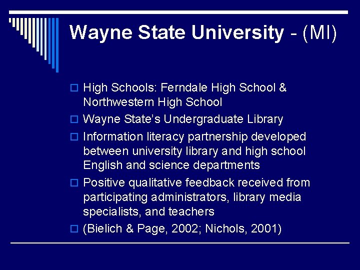 Wayne State University - (MI) o High Schools: Ferndale High School & o o