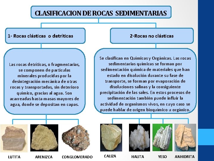 CLASIFICACION DE ROCAS SEDIMENTARIAS 2 -Rocas no clásticas 1 - Rocas clásticas o detríticas CLASIFICACION DE ROCAS SEDIMENTARIAS 2 -Rocas no clásticas 1 - Rocas clásticas o detríticas