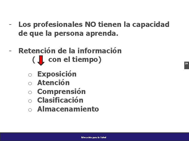 - Los profesionales NO tienen la capacidad de que la persona aprenda. - Retención