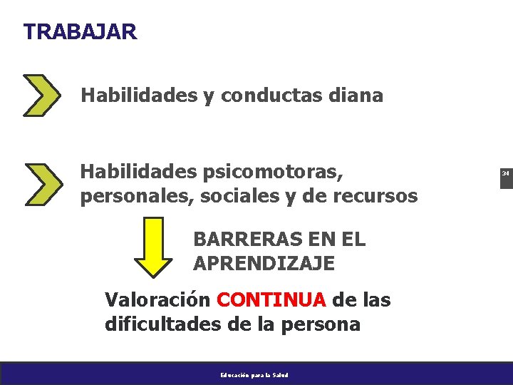 TRABAJAR Habilidades y conductas diana Habilidades psicomotoras, personales, sociales y de recursos BARRERAS EN