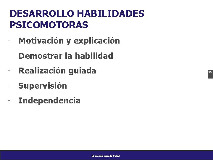 DESARROLLO HABILIDADES PSICOMOTORAS - Motivación y explicación - Demostrar la habilidad - Realización guiada