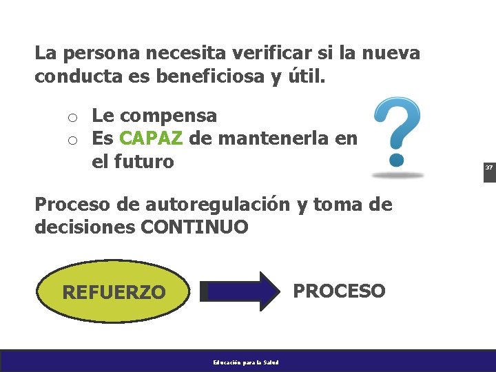 La persona necesita verificar si la nueva conducta es beneficiosa y útil. o Le
