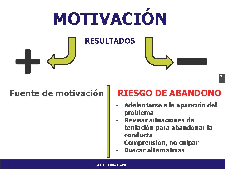 MOTIVACIÓN RESULTADOS 39 Fuente de motivación RIESGO DE ABANDONO - Adelantarse a la aparición