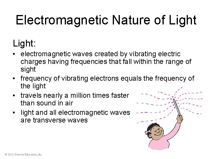 Electromagnetic Nature of Light: • electromagnetic waves created by vibrating electric charges having frequencies