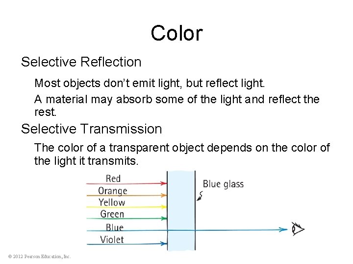 Color Selective Reflection Most objects don’t emit light, but reflect light. A material may