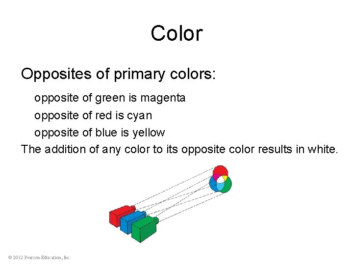Color Opposites of primary colors: opposite of green is magenta opposite of red is