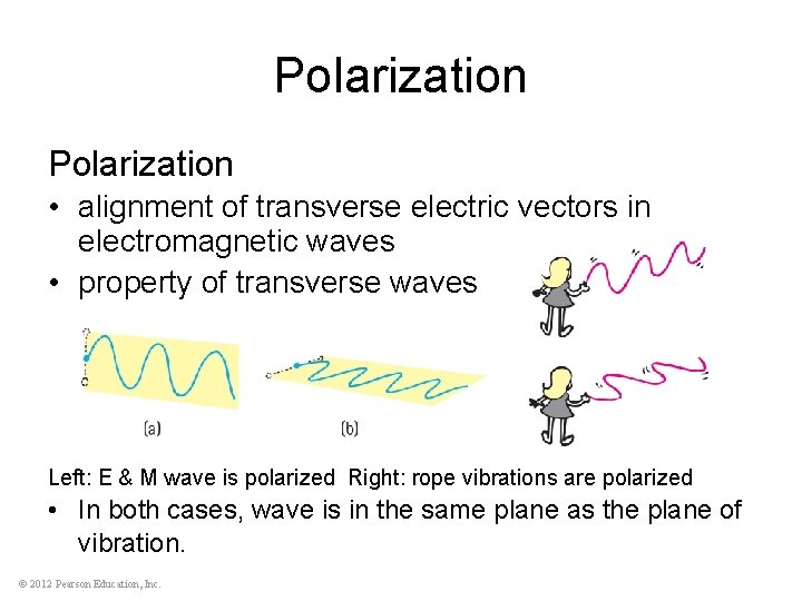 Polarization • alignment of transverse electric vectors in electromagnetic waves • property of transverse