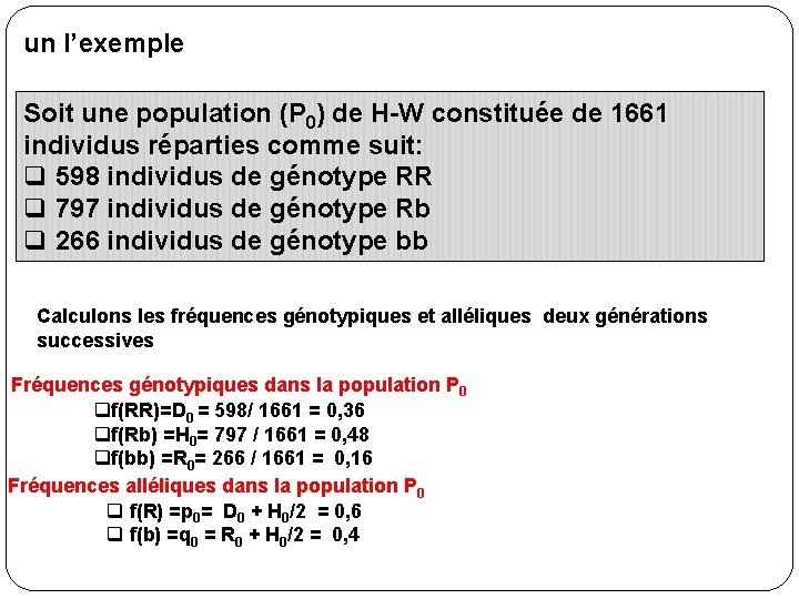 un l’exemple Soit une population (P 0) de H-W constituée de 1661 individus réparties